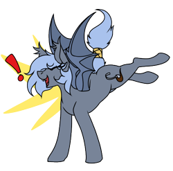 Size: 495x489 | Tagged: safe, artist:codras, imported from twibooru, oc, oc only, oc:panne, bat pony, pony, bucking, exclamation point, eyes closed, fangs, female, image, mare, open mouth, png, simple background, solo, spread wings, tail wrap, transparent background, wings