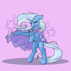 Size: 800x800 | Tagged: safe, alternate version, artist:allyclaw, edit, edited edit, editor:edits of hate, imported from twibooru, trixie, pony, unicorn, bipedal, cape, clothes, female, floppy ears, image, looking at you, mare, pink background, png, simple background, solo, trixie's cape