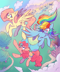 Size: 1390x1659 | Tagged: safe, artist:butterflyvanessa, imported from twibooru, fluttershy, pinkie pie, rainbow dash, earth pony, pegasus, pony, balloon, bandaid, bandaid on nose, clock tower, cloud, ear fluff, female, floating, flying, gritted teeth, high angle, image, looking at each other, looking at someone, looking up, mare, open mouth, open smile, outdoors, path, png, reaching, smiling, spread wings, sunrise, sunset, teeth, then watch her balloons lift her up to the sky, tree, trio, vertigo, wings
