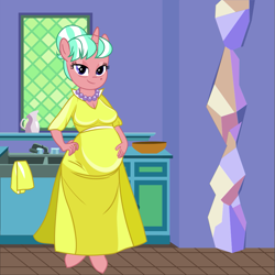 Size: 1013x1013 | Tagged: safe, anonymous artist, imported from derpibooru, stepford ponies, anthro, unguligrade anthro, unicorn, .svg available, breasts, cleavage, clothes, dress, eyelashes, female, hand on belly, hand on hip, housewife, indoors, jewelry, kitchen, necklace, pearl necklace, pregnant, sink, smiling, solo, svg, vector