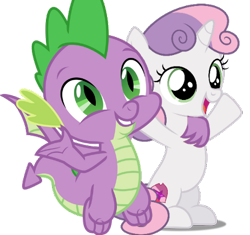 Size: 462x435 | Tagged: safe, artist:dashiesparkle, edit, editor:undeadponysoldier, imported from ponybooru, vector edit, spike, sweetie belle, dragon, pony, unicorn, cute, cutie mark, diasweetes, female, filly, foal, happy, hug, male, shipping, side hug, simple background, spikabetes, spikebelle, straight, the cmc's cutie marks, transparent background, vector, winged spike