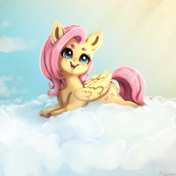 Size: 4000x4000 | Tagged: safe, artist:miokomata, imported from derpibooru, fluttershy, pegasus, pony, cloud, cute, freckles, happy, lying down, lying on a cloud, on a cloud, shyabetes, smiling, solo