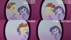 Size: 4400x2475 | Tagged: safe, edit, edited screencap, editor:quoterific, imported from derpibooru, screencap, applejack, rarity, human, eqg summertime shorts, equestria girls, make up shake up, bare shoulders, cowboy hat, duo, duo female, eyes closed, fall formal outfits, female, hand on hip, hat, mirror, one eye closed, open mouth, open smile, sleeveless, smiling, strapless, wink