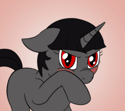 Size: 1000x886 | Tagged: safe, artist:librarylonging, imported from derpibooru, oc, oc:ada, pony, unicorn, animated, blushing, d'lirium, eye shimmer, floppy ears, implied anon, looking at you, nose wrinkle, scrunchy face, solo