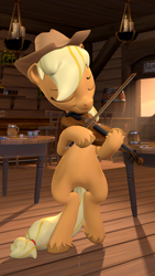 Size: 2160x3840 | Tagged: safe, artist:owlpirate, imported from derpibooru, applejack, earth pony, pony, 3d, 4k, bipedal, bow (instrument), dexterous hooves, eyes closed, female, fiddle, high res, mare, smiling, solo, source filmmaker, unshorn fetlocks