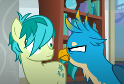 Size: 1040x701 | Tagged: safe, imported from derpibooru, screencap, gallus, sandbar, earth pony, griffon, pony, school daze, season 8, spoiler:s08, angry, cropped, duo, hair over one eye, looking at each other, looking at someone, male