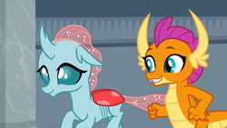 Size: 1600x900 | Tagged: safe, imported from derpibooru, screencap, ocellus, smolder, changedling, changeling, dragon, school daze, season 8, spoiler:s08, cute, diaocelles, dragoness, duo, female, running, smolderbetes