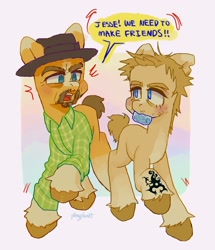 Size: 1762x2048 | Tagged: safe, artist:p0nyplanet, imported from derpibooru, earth pony, pony, breaking bad, dialogue, drugs, duo, jesse pinkman, meth, mouth hold, parody, ponified, walter white