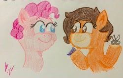 Size: 4032x2569 | Tagged: safe, artist:jesslmc16, imported from derpibooru, pinkie pie, oc, earth pony, pegasus, pony, colored pencil drawing, duo, female, haircut, pegasus oc, short hair, signature, traditional art