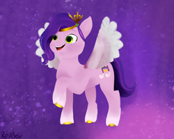 Size: 2500x2000 | Tagged: safe, artist:reinbou, imported from derpibooru, pipp petals, pegasus, pony, adorapipp, backwards cutie mark, cute, female, g5, happy, headband, mare, open mouth, open smile, purple background, raised hoof, simple background, smiling, solo, spread wings, unshorn fetlocks, wings