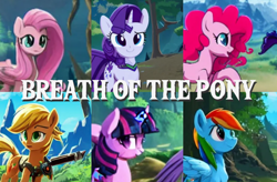 Size: 1620x1060 | Tagged: safe, editor:hazy skies, imported from derpibooru, applejack, fluttershy, pinkie pie, rainbow dash, rarity, twilight sparkle, earth pony, pegasus, pony, unicorn, ai content, ai generated, caption, generator:purplesmart.ai, generator:stable diffusion, text, the legend of zelda, the legend of zelda: breath of the wild