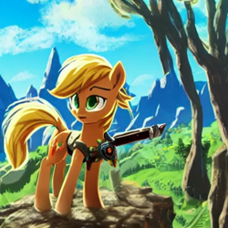 Size: 512x512 | Tagged: safe, imported from derpibooru, applejack, earth pony, pony, ai content, ai generated, generator:purplesmart.ai, generator:stable diffusion, solo, the legend of zelda, the legend of zelda: breath of the wild