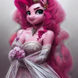 Size: 1024x1024 | Tagged: safe, imported from derpibooru, pinkie pie, anthro, earth pony, ai content, ai generated, breasts, bride, busty pinkie pie, cleavage, clothes, dress, female, flower, generator:purplesmart.ai, generator:stable diffusion, looking at you, solo, the quality of ai art is frightening, wedding dress