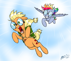 Size: 1400x1200 | Tagged: safe, artist:mellodillo, imported from derpibooru, applejack, rainbow dash, earth pony, pegasus, pony, commission, falling, goggles, grin, parachute, screaming, sky, skydiving, smiling