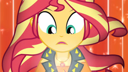 Size: 3410x1920 | Tagged: safe, imported from derpibooru, screencap, sunset shimmer, human, equestria girls, equestria girls series, forgotten friendship, clothes, cutie mark on clothes, female, geode of empathy, high res, jewelry, leather, leather vest, magical geodes, necklace, open mouth, solo, transformation, vest