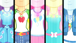 Size: 3410x1920 | Tagged: safe, imported from derpibooru, screencap, applejack, fluttershy, pinkie pie, rainbow dash, rarity, human, equestria girls, equestria girls series, forgotten friendship, belt, boobshot, breasts, clothes, cutie mark, cutie mark on clothes, denim, denim skirt, faceless female, female, geode of fauna, geode of shielding, geode of sugar bombs, geode of super speed, geode of super strength, high res, hoodie, humane five, jewelry, magical geodes, necklace, offscreen character, pictures of chests, pink hair, png, purple hair, rarity peplum dress, red hair, shirt, skirt, smiling, t-shirt, tanktop, transformation, yellow hair