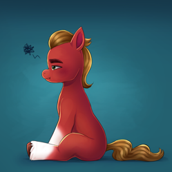 Size: 1404x1412 | Tagged: safe, artist:malarkey, imported from derpibooru, sprout cloverleaf, earth pony, pony, blushing, colored sketch, g5, male, nose wrinkle, scrunchy face, sitting, solo, stallion, unshorn fetlocks