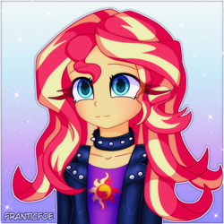 Size: 2000x2000 | Tagged: safe, artist:franticfoe, imported from derpibooru, sunset shimmer, human, equestria girls, bust, female, high res, outline, smiling, solo, white outline