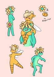 Size: 1443x2048 | Tagged: safe, artist:katputze, imported from derpibooru, oc, oc:bee, oc:flower, anthro, bee pony, earth pony, original species, blush sticker, blushing, breasts, duo, duo male and female, eyes closed, featureless breasts, female, hug, male, mare, oc x oc, open mouth, open smile, pink background, shipping, shoulder ride, simple background, smiling, stallion, straight, tooth gap