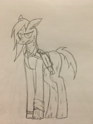 Size: 3024x4032 | Tagged: safe, artist:derpanater, imported from derpibooru, oc, oc only, oc:east 13, earth pony, ghoul, undead, fallout equestria, clothes, gun, jacket, shotgun, solo, traditional art, weapon