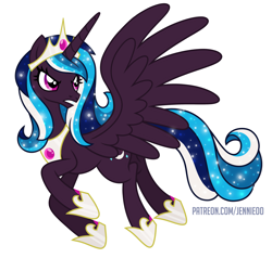 Size: 1280x1217 | Tagged: safe, artist:jennieoo, artist:starponys87, imported from derpibooru, oc, oc only, oc:stellanova, alicorn, alicorn oc, alicorn princess, angry, black fur, blue hair, crown, flying, horn, jewelry, princess, regalia, simple background, white background, wings