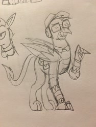 Size: 3024x4032 | Tagged: safe, artist:derpanater, imported from derpibooru, oc, oc only, oc:chucklenuts, griffon, fallout equestria, clothes, glasses, smiling, traditional art, watch