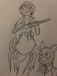 Size: 3024x4032 | Tagged: safe, artist:derpanater, imported from derpibooru, reptile, fallout equestria, clothes, gun, hood, klugetown, klugetowner, mutant, rifle, third eye, traditional art, weapon