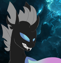 Size: 2300x2364 | Tagged: safe, artist:princess amity, derpibooru exclusive, imported from derpibooru, oc, oc only, oc:identity crisis, changeling, bust, changeling oc, cloud, cloudy, fangs, grin, night, night sky, sharp teeth, sky, smiling, solo, teeth