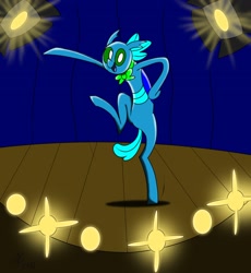 Size: 1600x1737 | Tagged: safe, artist:derpanater, imported from derpibooru, oc, oc only, oc:bowtie, changedling, changeling, bowtie, dancing, lights, stage