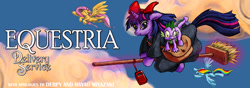 Size: 1000x350 | Tagged: safe, alternate version, artist:harwick, imported from derpibooru, fluttershy, rainbow dash, spike, twilight sparkle, dragon, pegasus, pony, unicorn, equestria daily, 2011, bow, broom, crossover, dragons riding ponies, female, flying, flying broomstick, hair bow, kiki's delivery service, male, mare, old art, riding, spike riding twilight, studio ghibli