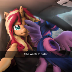 Size: 5400x5400 | Tagged: safe, artist:imafutureguitarhero, imported from derpibooru, sci-twi, sunset shimmer, twilight sparkle, alicorn, anthro, pony, unicorn, 3d, :i, absurd resolution, anthro with ponies, arm fluff, arm freckles, butt, butt fluff, butt freckles, car, car interior, cheek fluff, chromatic aberration, clothes, colored eyebrows, colored eyelashes, duo, ear fluff, ear freckles, female, film grain, floppy ears, fluffy, fluffy hair, fluffy mane, fluffy tail, freckles, fur, he wants to order, horn, leg fluff, lesbian, looking at you, mare, meme, multicolored hair, multicolored mane, multicolored tail, nose wrinkle, one ear down, paintover, peppered bacon, plot, ponified meme, revamped anthros, revamped ponies, scitwilicorn, scitwishimmer, selfie, shipping, shoulder fluff, shoulder freckles, signature, source filmmaker, square, sunset shimmer is not amused, sunsetsparkle, tail, tanktop, text, twilight sparkle (alicorn), unamused, wall of tags, wing fluff, wings