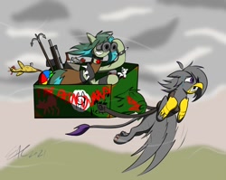 Size: 1510x1200 | Tagged: safe, artist:derpanater, imported from derpibooru, oc, oc only, oc:piper, oc:valiant effort, griffon, unicorn, fallout equestria, beach ball, binoculars, dumpster, flying, graffiti, harpoon, pain, plushie, rubber chicken, teddy bear, wasteland, weapon