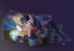 Size: 4800x3300 | Tagged: safe, artist:mad--munchkin, imported from derpibooru, twilight sparkle, alicorn, pony, book, candle, candlelight, female, high res, inkwell, mare, open mouth, pillow, pillow nest, quill, sleeping, snoring, solo, twilight sparkle (alicorn)