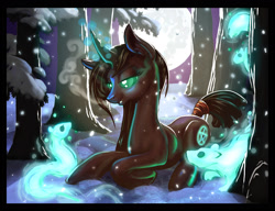 Size: 1800x1379 | Tagged: safe, artist:harwick, imported from derpibooru, oc, oc only, oc:grimhollow, pony, squirrel, unicorn, 2014, breath, eye mist, forest, glowing, glowing eyes, horn, jagged horn, kneeling, lying down, old art, pentagram, prone, snow, solo, spirit, tail, tail wrap, winter
