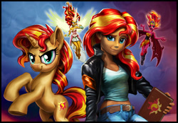 Size: 1556x1080 | Tagged: safe, alternate version, artist:harwick, imported from derpibooru, sunset shimmer, pony, equestria girls, 2017, angry, belly button, belt, clothes, daydream shimmer, face paint, female, floating, jacket, journal, leather, leather jacket, looking at you, midriff, old art, open mouth, pants, self paradox, self ponidox, solo, sunset satan, sunset's conscience