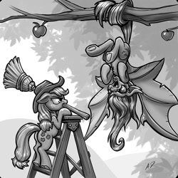 Size: 1000x1000 | Tagged: safe, artist:harwick, imported from derpibooru, applejack, fluttershy, bat pony, earth pony, pony, 2018, apple, apple tree, atg 2018, bat ponified, broom, fangs, flutterbat, grayscale, hanging, hanging upside down, monochrome, mouth hold, newbie artist training grounds, old art, open mouth, prehensile tail, race swap, snarling, stepladder, tail, tree, tree branch, upside down
