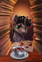 Size: 2399x3500 | Tagged: safe, artist:harwick, imported from derpibooru, oc, oc only, oc:dotted line, pony, unicorn, fanfic:tales from the civil service, 2019, bust, commission, cup, fanfic art, food, high res, horn, letter, male, old art, paperwork, pile of books, solo, stallion, tea, teacup, unicorn oc, wax seal