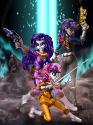 Size: 2238x3000 | Tagged: safe, artist:harwick, imported from derpibooru, maud pie, rarity, sweetie belle, equestria girls, 2020, action pose, chouriki sentai ohranger, commission, crossover, graphite ranger, gun, high res, old art, power rangers, power rangers dino charge, power rangers zeo, purple ranger, super sentai, sword, weapon, yellow ranger, zyuden sentai kyoryuger