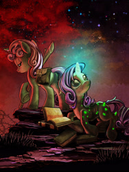 Size: 2000x2658 | Tagged: safe, artist:harwick, imported from derpibooru, rarity, sweetie belle, pony, unicorn, bag, book, crystal, duo, fanfic art, glowing, glowing horn, high res, horn, injured, looking up, lying down, night, prone, saddle bag, staff