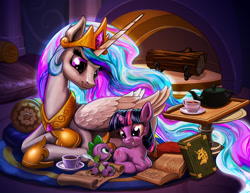 Size: 1400x1082 | Tagged: safe, artist:harwick, imported from derpibooru, princess celestia, spike, twilight sparkle, alicorn, dragon, pony, unicorn, baby, baby dragon, book, castle, color porn, crown, cup, cute, cutelestia, feather, female, filly, filly twilight sparkle, fireplace, foal, food, jewelry, log, looking at each other, looking at someone, male, mare, momlestia, open book, open mouth, quill, regalia, scroll, smiling, spikabetes, tea, teacup, teapot, twiabetes, unicorn twilight, wood, younger