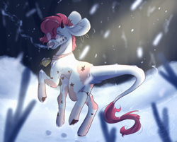 Size: 1908x1536 | Tagged: safe, artist:thelazyponyy, imported from derpibooru, oc, oc only, pony, bell, bell collar, collar, glasses, horns, leonine tail, outdoors, snow, snowfall, solo, tail