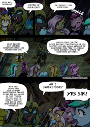 Size: 2408x3400 | Tagged: safe, artist:tarkron, imported from derpibooru, oc, changeling, earth pony, hybrid, pegasus, pony, undead, unicorn, comic:fusing the fusions, comic:time of the fusions, armor, butt, carapace, changeling oc, clothes, comic, commissioner:bigonionbean, dialogue, female, filly, foal, friendship express, guard, hat, high res, horn, lightning, locomotive, magic, male, mare, open mouth, plot, rain, royal guard, royal guard armor, soldier, soldier pony, stallion, steam engine, steam locomotive, storm, tail, train, wings, writer:bigonionbean
