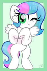 Size: 522x782 | Tagged: safe, artist:sugarcloud12, imported from derpibooru, oc, oc:sugar cloud, pegasus, pony, bipedal, female, heart, mare, one eye closed, solo, wink