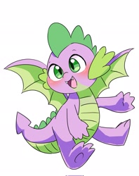 Size: 1619x2048 | Tagged: safe, artist:leo19969525, imported from derpibooru, spike, dragon, blushing, cute, cute little fangs, fangs, flying, g4, green eyes, happy, male, open mouth, open smile, simple background, smiling, solo, spikabetes, spread wings, white background, winged spike, wings
