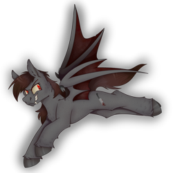 Size: 2300x2300 | Tagged: safe, artist:molars, imported from derpibooru, oc, oc only, bat pony, bat wings, commission, dynamic pose, fallout equestria oc, fangs, grey fur, red eyes, simple background, smiling, solo, transparent background, unshorn fetlocks, wings