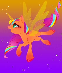 Size: 1600x1900 | Tagged: safe, artist:stacy_165cut, imported from derpibooru, sunny starscout, alicorn, earth pony, pony, artificial horn, artificial wings, augmented, female, g5, gradient background, horn, magic, magic horn, magic wings, mare, my little pony: a new generation, open mouth, profile, race swap, solo, spread wings, sunnycorn, wings