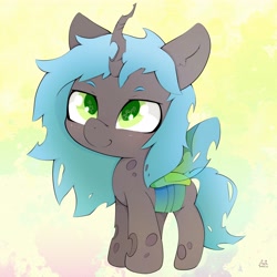 Size: 4096x4096 | Tagged: safe, artist:zokkili, imported from derpibooru, queen chrysalis, changeling, changeling queen, abstract background, cute, cutealis, female, filly, filly queen chrysalis, foal, solo, starry eyes, wingding eyes, wings, younger