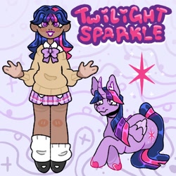 Size: 1440x1440 | Tagged: safe, artist:dreamytails, imported from derpibooru, twilight sparkle, alicorn, human, pony, alternate hairstyle, blushing, bowtie, clothes, curved horn, cute, dark skin, female, flats, grin, horn, human ponidox, humanized, lipstick, makeup, mare, self paradox, self ponidox, shirt, shoes, smiling, socks, solo, sweater, twiabetes, twilight sparkle (alicorn), unshorn fetlocks