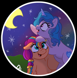 Size: 1905x1929 | Tagged: safe, artist:doodledonutart, imported from derpibooru, izzy moonbow, sunny starscout, earth pony, pony, unicorn, duo, duo female, female, g5, mare, moon, night, open mouth, open smile, pointing, rainbow, reaching, smiling, starry sky, stars