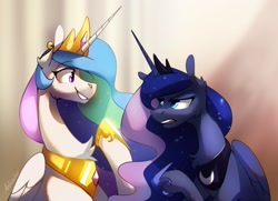 Size: 1567x1132 | Tagged: safe, artist:anticular, imported from derpibooru, princess celestia, princess luna, alicorn, pony, chest fluff, crown, female, jewelry, looking at each other, looking at someone, regalia, siblings, sisters, smiling, unamused